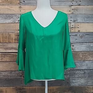 LAROQUE Original Womens Kelly Green Bell Sleeve Silk Top Blouse Small